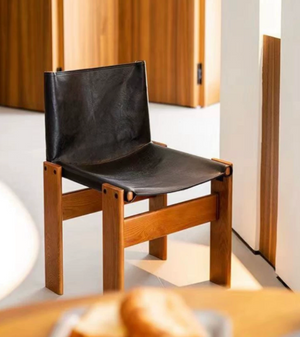 Modern Solid Wood Dining Chair with Black Leather Seat - Mid-Century Brutalist Accent Chair - Minimalist Timber Side Chair for Dining Room & Home Office
