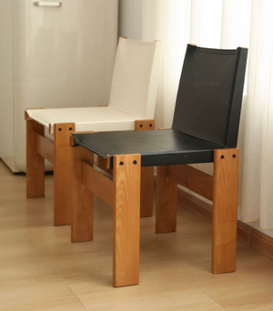 Modern Solid Wood Dining Chair with Black Leather Seat - Mid-Century Brutalist Accent Chair - Minimalist Timber Side Chair for Dining Room & Home Office