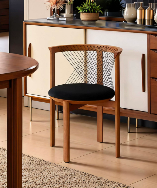 Modern Solid Wood Dining Chair with Woven Cord Backrest - Sculptural Round Velvet Cushion Accent Chair - Mid-Century Timber Desk Chair for Living Room