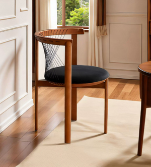 Modern Solid Wood Dining Chair with Woven Cord Backrest - Sculptural Round Velvet Cushion Accent Chair - Mid-Century Timber Desk Chair for Living Room