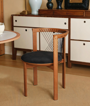Modern Solid Wood Dining Chair with Woven Cord Backrest - Sculptural Round Velvet Cushion Accent Chair - Mid-Century Timber Desk Chair for Living Room
