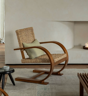 Modern Bentwood Lounge Chair with Woven Rattan Seat - Mid-Century Cantilever Accent Chair - Organic Modern Armchair for Living Room
