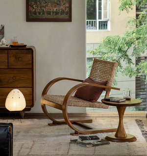 Modern Bentwood Lounge Chair with Woven Rattan Seat - Mid-Century Cantilever Accent Chair - Organic Modern Armchair for Living Room