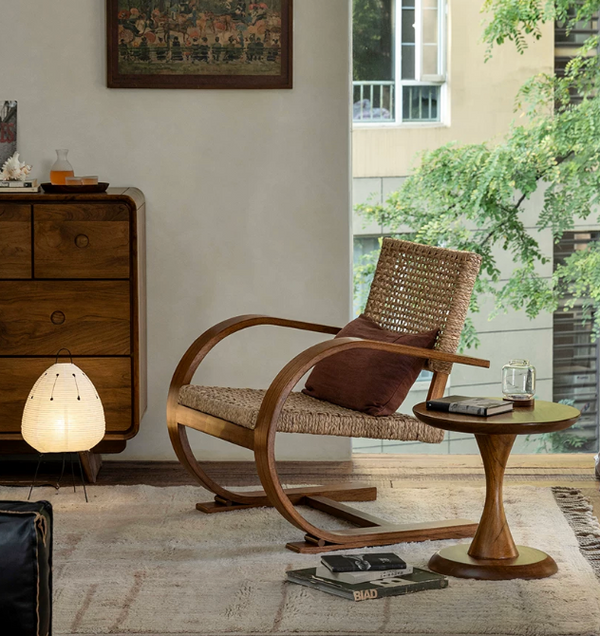 Modern Bentwood Lounge Chair with Woven Rattan Seat - Mid-Century Cantilever Accent Chair - Organic Modern Armchair for Living Room