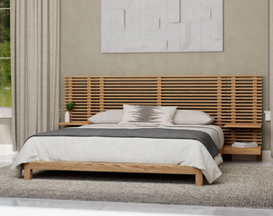 Modern Scandinavian Solid Wood Bed Frame | Slat Wall Bed with Floating Bedside Tables