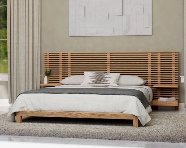 Modern Scandinavian Solid Wood Bed Frame | Slat Wall Bed with Floating Bedside Tables