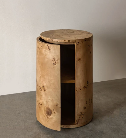 Contemporary Organic Burl Wood Cylinder End Table - Hidden Storage Pedestal Cabinet - Postmodern Curved Door Nightstand