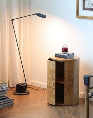 Contemporary Organic Burl Wood Cylinder End Table - Hidden Storage Pedestal Cabinet - Postmodern Curved Door Nightstand
