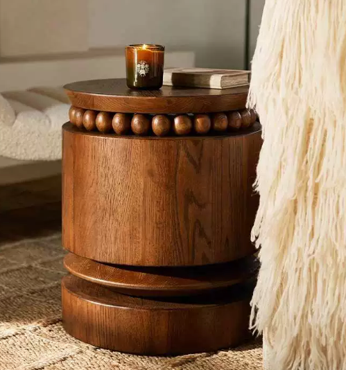 Modern Solid Wood Cylindrical Side Table with Beaded Accent - Dark Walnut Pedestal End Table - Sculptural Timber Stool for Living Room & Bedroom