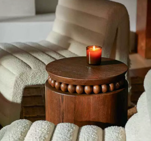 Modern Solid Wood Cylindrical Side Table with Beaded Accent - Dark Walnut Pedestal End Table - Sculptural Timber Stool for Living Room & Bedroom