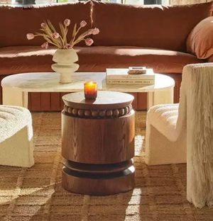 Modern Solid Wood Cylindrical Side Table with Beaded Accent - Dark Walnut Pedestal End Table - Sculptural Timber Stool for Living Room & Bedroom