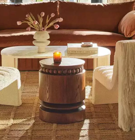 Modern Solid Wood Cylindrical Side Table with Beaded Accent - Dark Walnut Pedestal End Table - Sculptural Timber Stool for Living Room & Bedroom