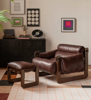 Modern Ash Wood Lounge Chair in Tobacco Oil Wax Leather - Architectural Accent Chair with Draped Armrests
