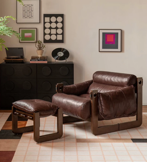 Modern Ash Wood Lounge Chair in Tobacco Oil Wax Leather - Architectural Accent Chair with Draped Armrests