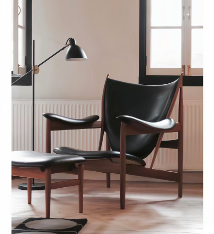 Vintage Walnut Wood Reading Chair and Ottoman | Retro Executive Lounge Seating