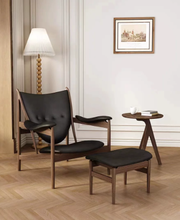 Vintage Walnut Wood Reading Chair and Ottoman | Retro Executive Lounge Seating