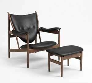 Vintage Walnut Wood Reading Chair and Ottoman | Retro Executive Lounge Seating