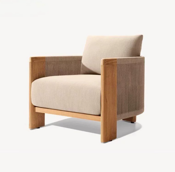 Modern Woven Rope Outdoor Lounge Chair with Wood Frame & Cushions