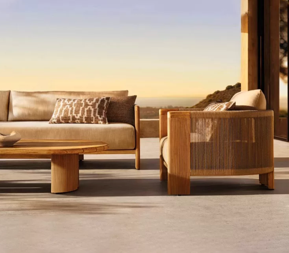 Modern Woven Rope Outdoor Lounge Chair with Wood Frame & Cushions