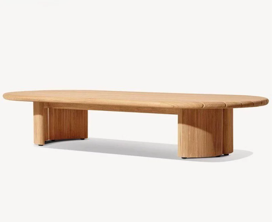 Modern Oval Wood Coffee Table with Fluted Base & Slatted Top