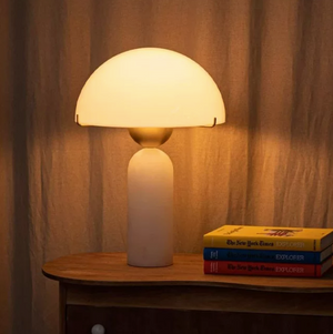 Modern Travertine & Marble Mushroom Table Lamp with Glass Dome Shade