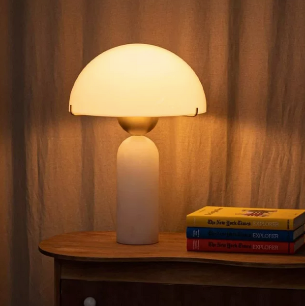 Modern Travertine & Marble Mushroom Table Lamp with Glass Dome Shade