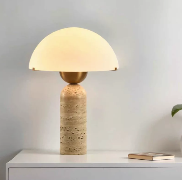 Modern Travertine & Marble Mushroom Table Lamp with Glass Dome Shade