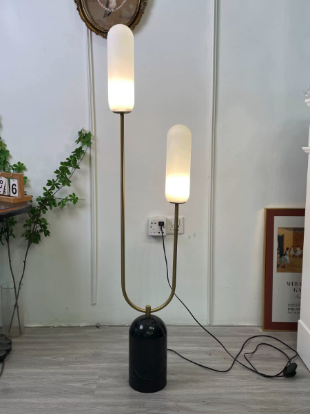 Mid-Century U-Shaped Tall Bedside Floor Light with Dual Glass Globes