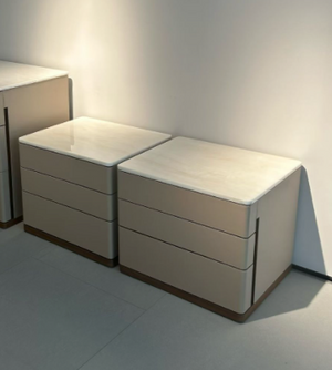 Modern Faux Leather Nightstand with Ice Jade Marble Top