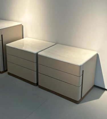 Modern Faux Leather Nightstand with Ice Jade Marble Top