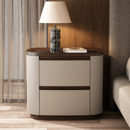 Modern Curved Walnut Nightstand with Saddle Leather & Soft-Close Drawers