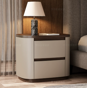 Modern Curved Walnut Nightstand with Saddle Leather & Soft-Close Drawers