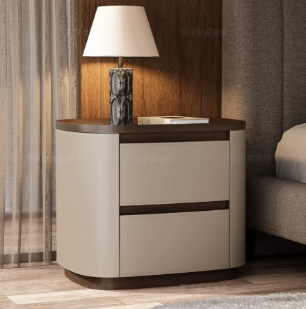 Modern Curved Walnut Nightstand with Saddle Leather & Soft-Close Drawers