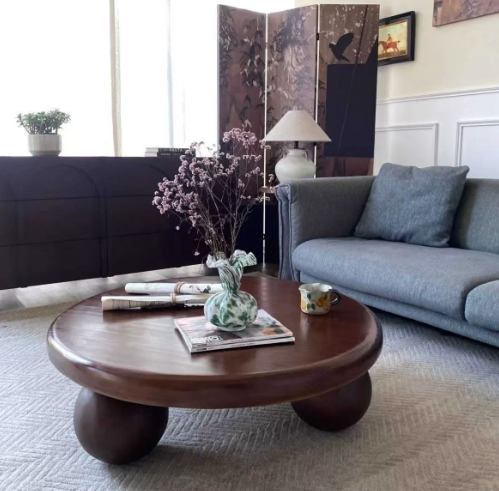 Modern Round Wood Coffee Table with Three Sphere Base – Sculptural Center Table