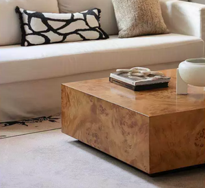 Luxury Burl Veneer Center Table, 39" Contemporary Square Wood Coffee Table
