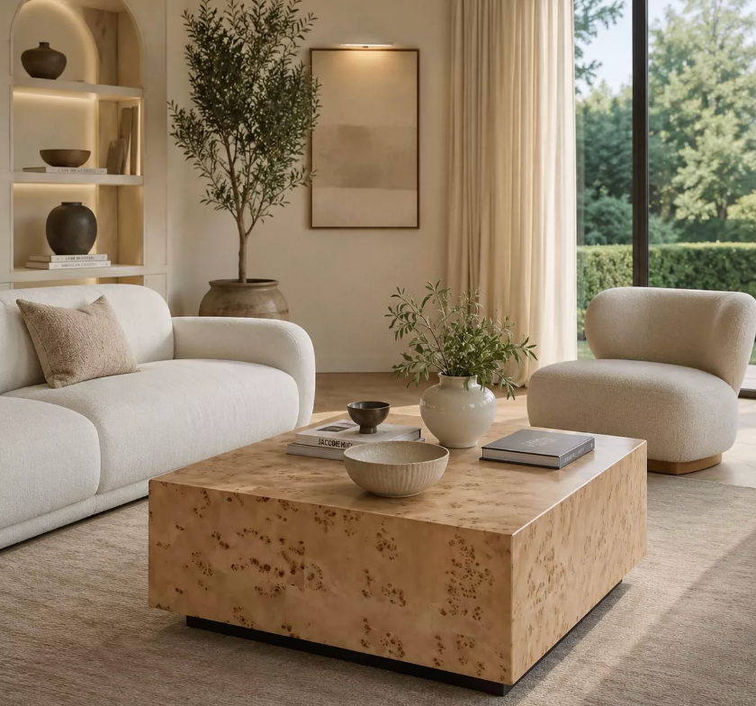 Luxury Burl Veneer Center Table, 39" Contemporary Square Wood Coffee Table