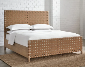 Modern Hand-Woven Faux Leather Platform Bed with Solid Acacia Wood Frame