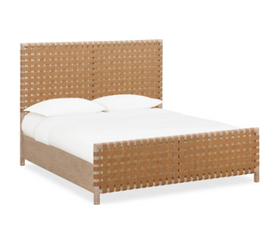 Modern Hand-Woven Faux Leather Platform Bed with Solid Acacia Wood Frame