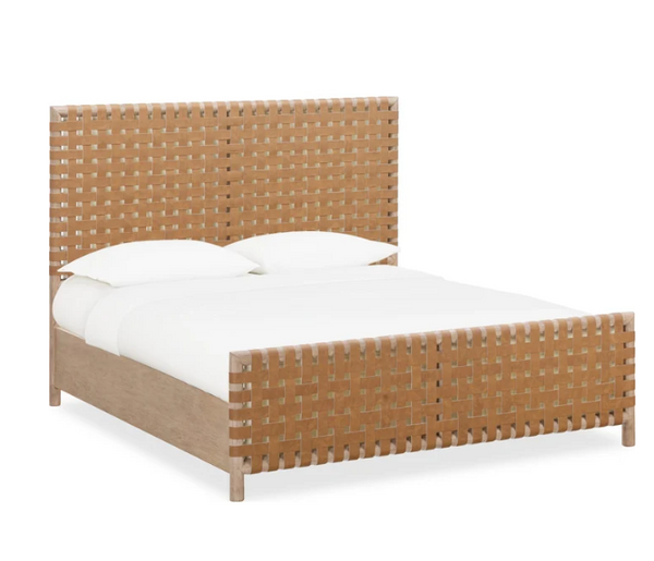Modern Hand-Woven Faux Leather Platform Bed with Solid Acacia Wood Frame