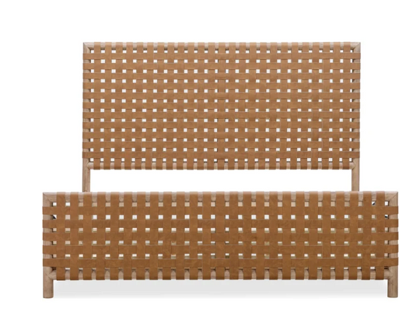 Modern Hand-Woven Faux Leather Platform Bed with Solid Acacia Wood Frame