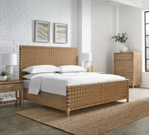 Modern Hand-Woven Faux Leather Platform Bed with Solid Acacia Wood Frame