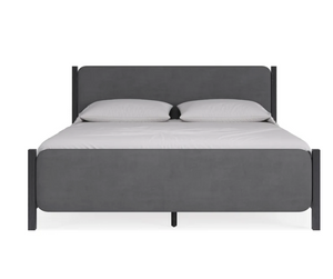 Modern Charcoal Velvet Panel Bed with Jet Black Solid Mahogany Frame