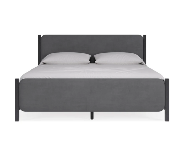 Modern Charcoal Velvet Panel Bed with Jet Black Solid Mahogany Frame