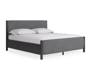Modern Charcoal Velvet Panel Bed with Jet Black Solid Mahogany Frame