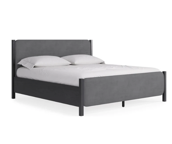 Modern Charcoal Velvet Panel Bed with Jet Black Solid Mahogany Frame