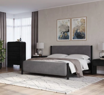 Modern Charcoal Velvet Panel Bed with Jet Black Solid Mahogany Frame