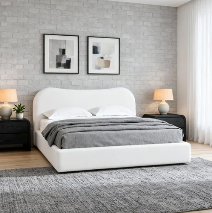 Modern Vanilla Linen Upholstered Platform Bed with Curved Headboard