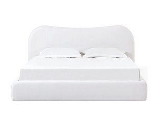 Modern Vanilla Linen Upholstered Platform Bed with Curved Headboard