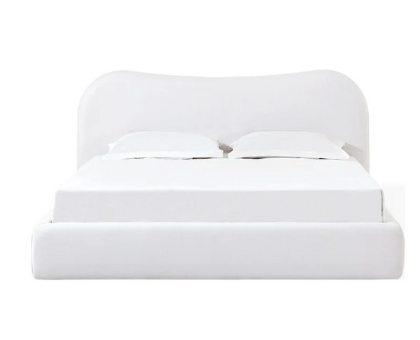 Modern Vanilla Linen Upholstered Platform Bed with Curved Headboard