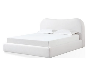 Modern Vanilla Linen Upholstered Platform Bed with Curved Headboard